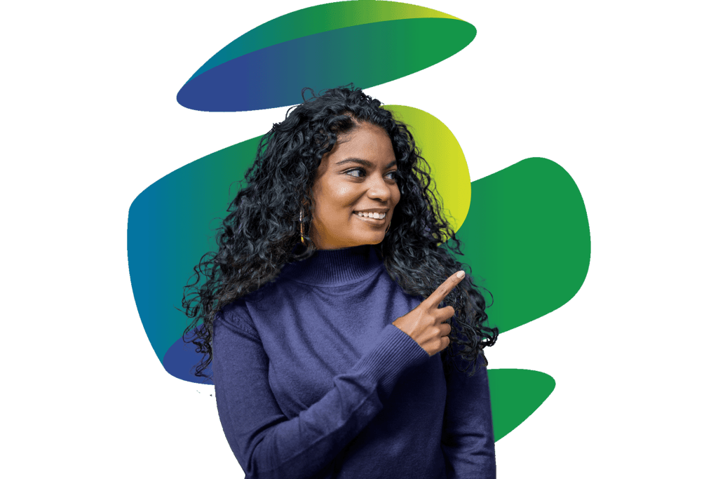Woman smiling and pointing to the right
