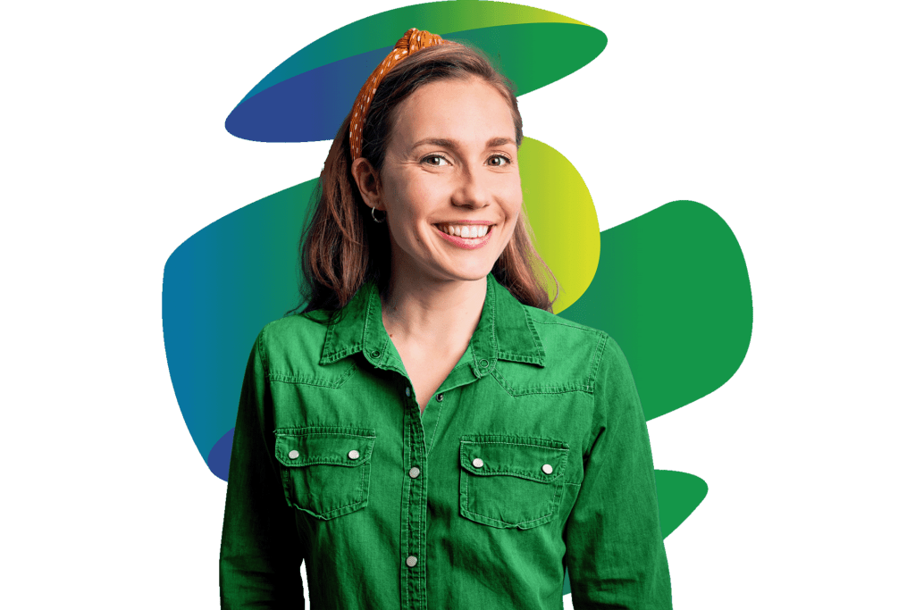 Woman in green smiling with GlobalMeet logo behind