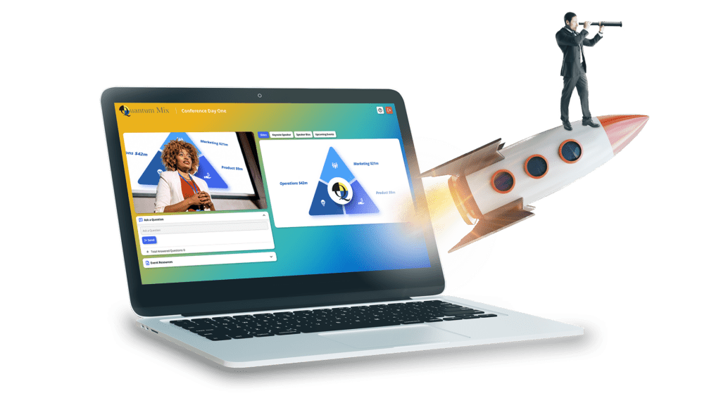 Graphic of a man standing on a movie rocket away from a laptop