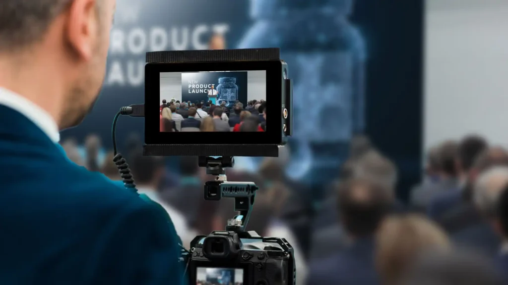 image of a globalmeet onsite live event streaming producer recording a hybrid conference