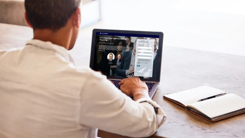 image demonstrating a business professional using globalmeet webcast's self-service virtual event software to create an event registration page