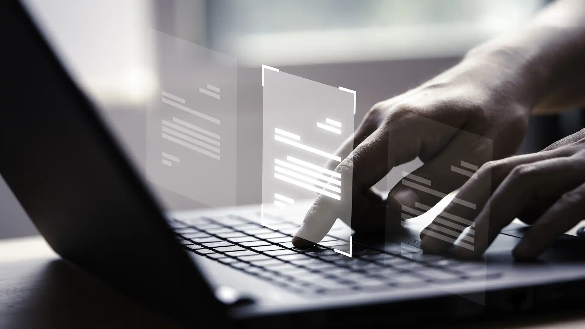 image of hands typing on a computer as contact information hovers above it representing globalmeet's virtual event crm integrations for contact creation and updates