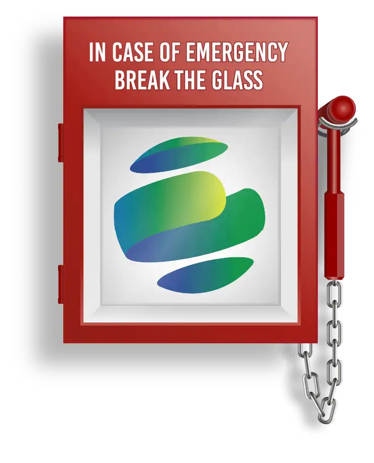 image of the globalmeet logo behind emergency glass representing globalmeet core's pre-paid emergency event offering