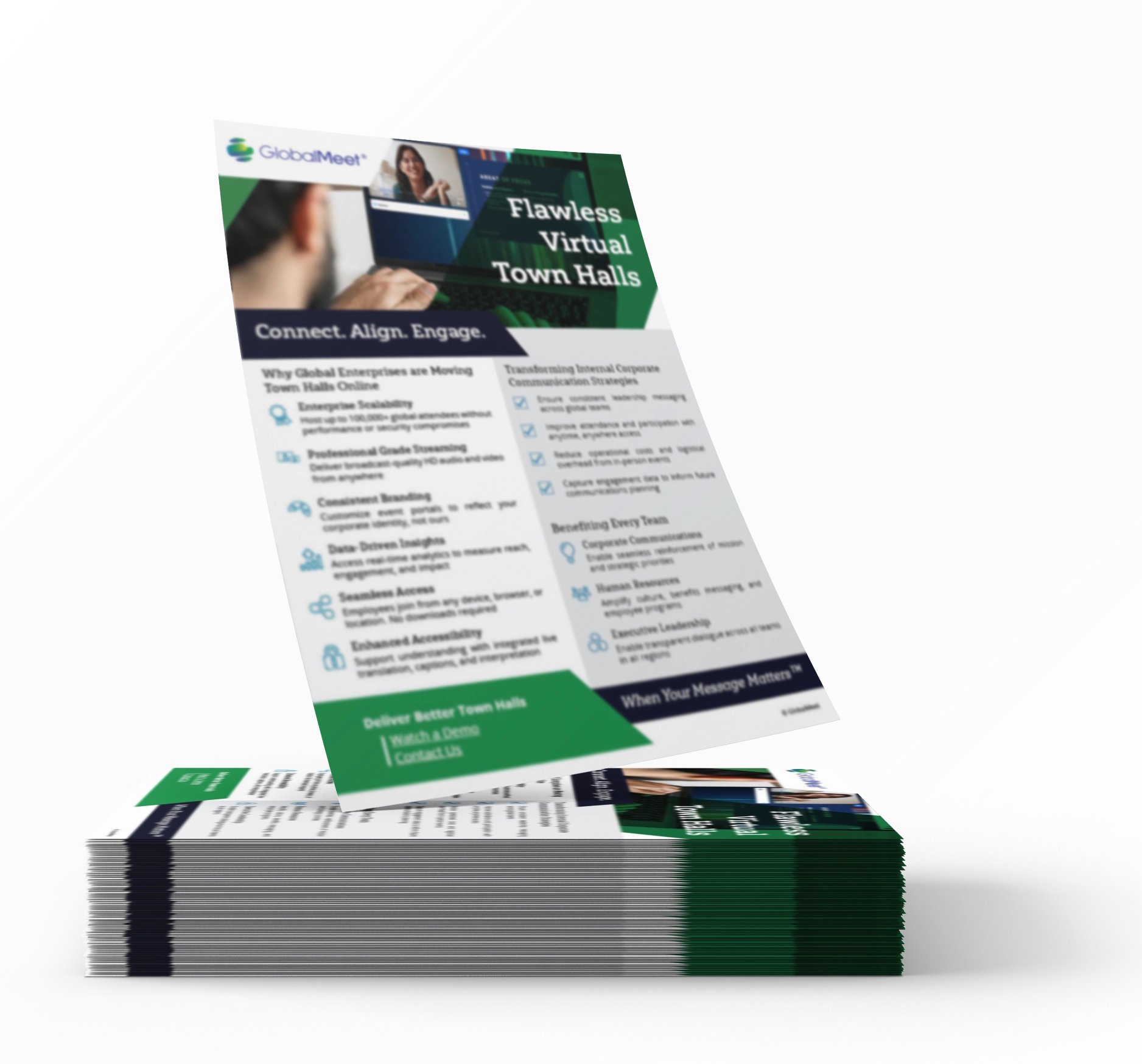 Preview mockup image of a stack of GlobalMeet one pager documents