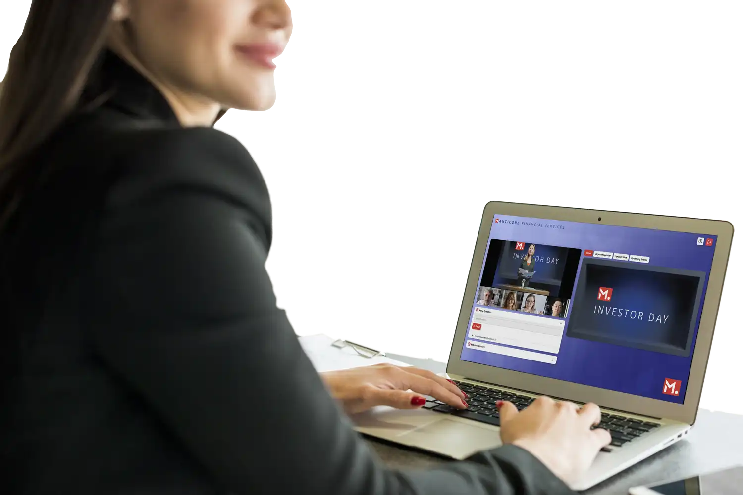 image mock up of a business woman attending a virtual investor day hosted on globalmeet's virtual event platform