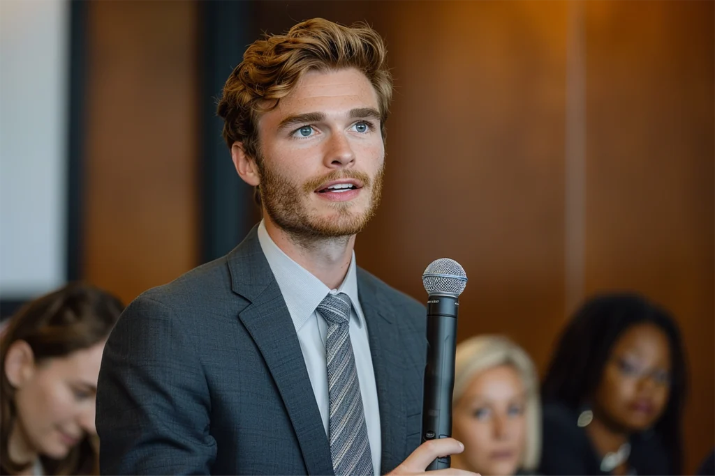 Sales leader holding a microphone to speak at GlobalMeet Kickoff Event
