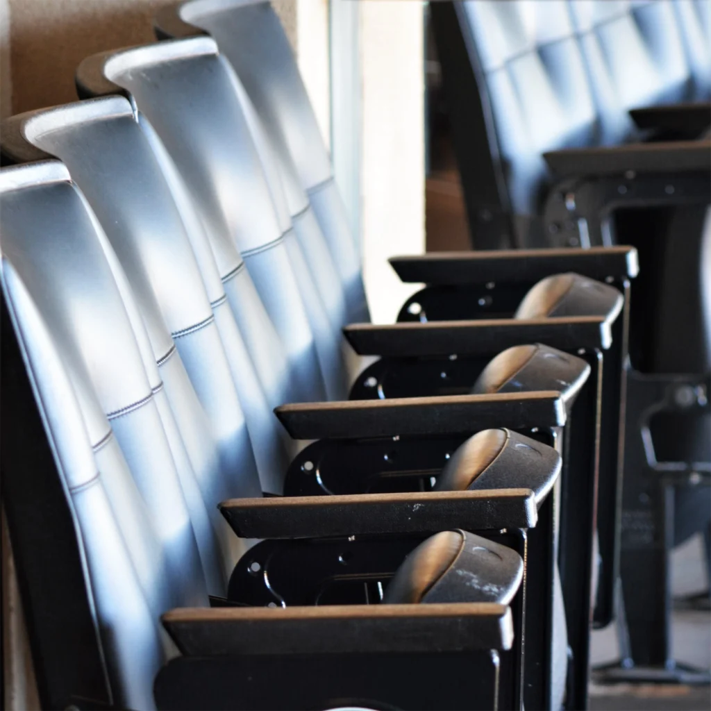 A row of empty conference center seats