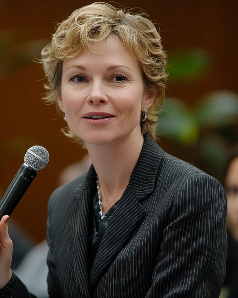 Close up of a business woman giving a presentation with a microphone in her hand demonstrating a keynote speaker at a GlobalMeet Hybrid Event